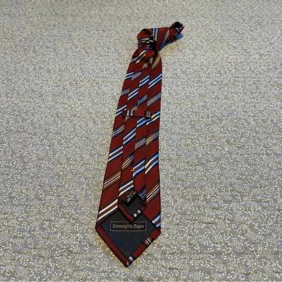 Ermenegildo Zegna Tie Repp Necktie Stripes Red Blue & Orange Silk 59” x 3.5” - Picture 3 of 9